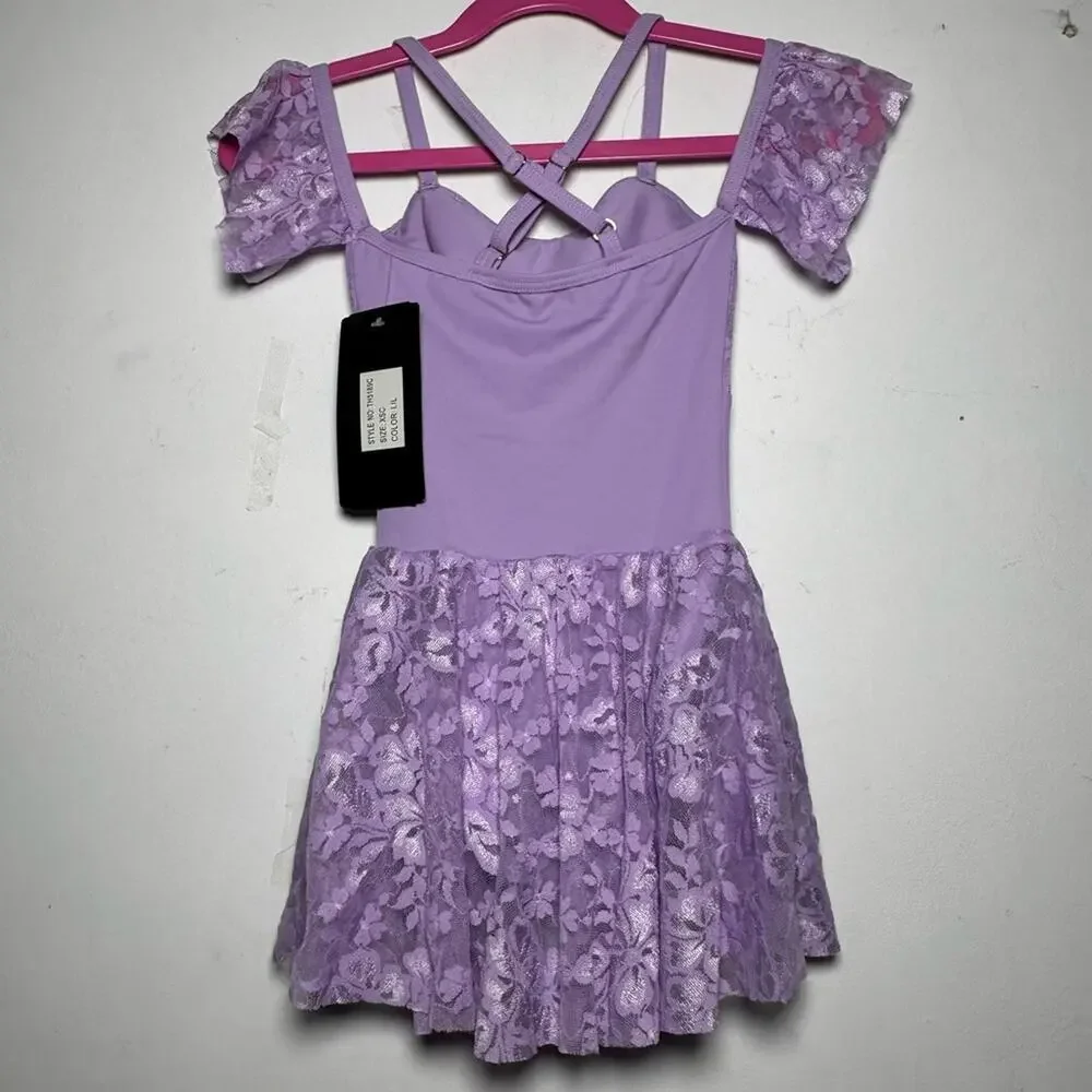 Theatricals Child Lavender Lace Off-Shoulder Dance Leotard Costume Dress CXS NWT